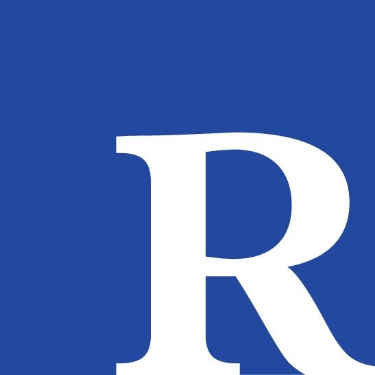 White capital R on a blue background