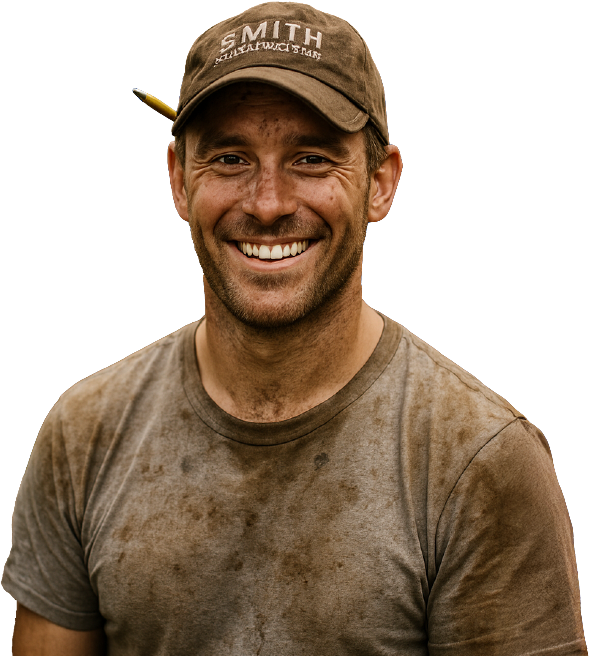 Smiling muddy man in a brown shirt and cap, standing against a plain background