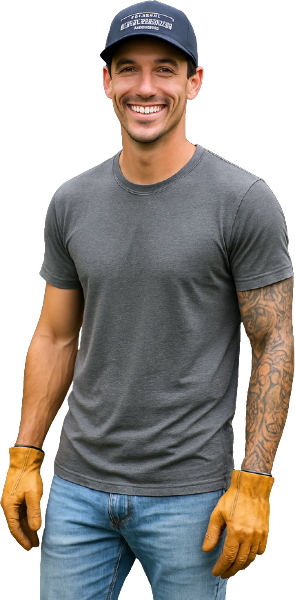 Smiling man in gray T-shirt, jeans, navy cap, and orange gloves standing against a white background