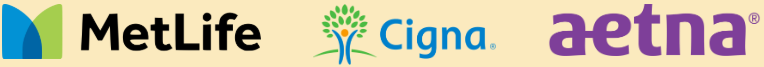 Logos for MetLife, Cigna, and Aetna health insurance providers.