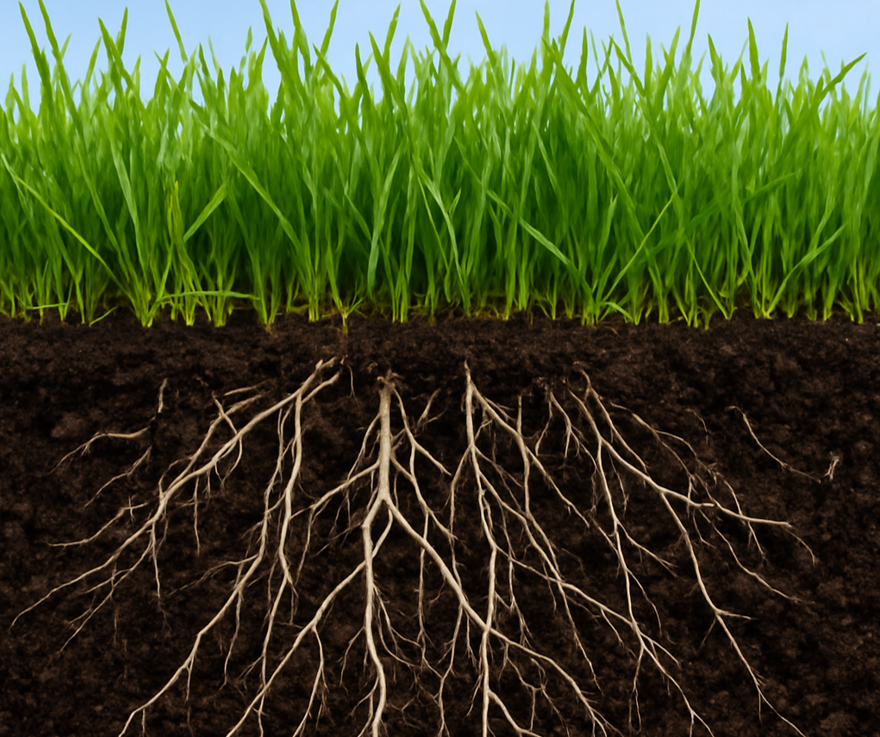 Green grass growing above dark soil with visible roots. Green grass growing above dark soil with visible roots.