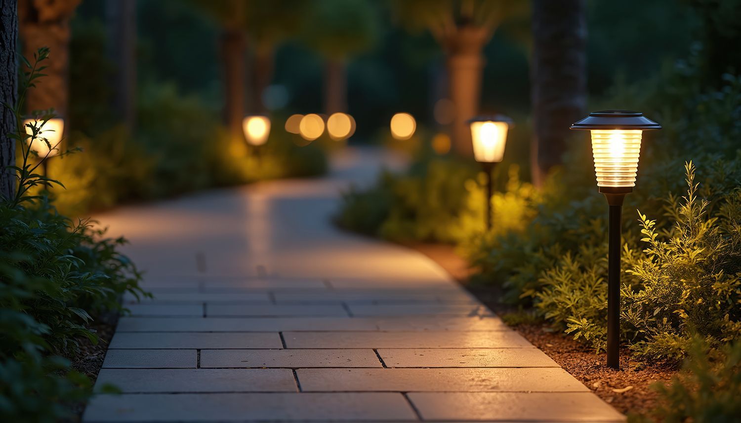 Lit garden walkway with glowing pathway lamps at dusk