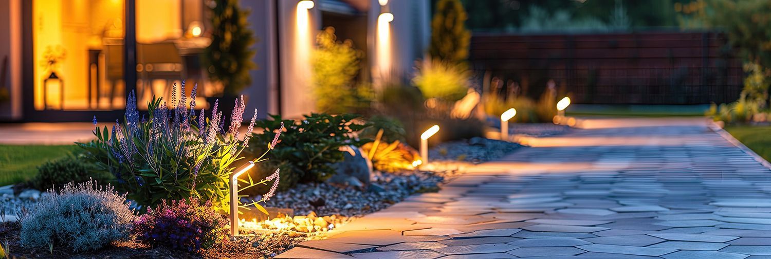 Twilight garden path lit by warm ground lights beside a house and shrubs