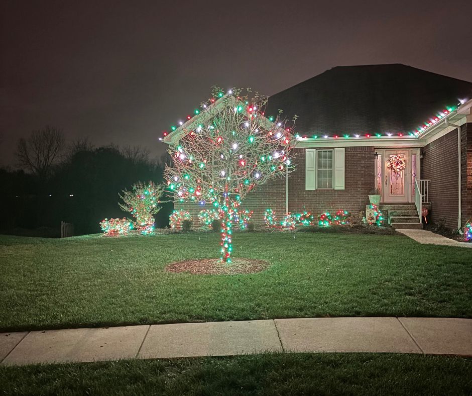 House and front yard decorated with colorful Christmas lights at night