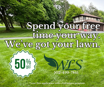 Advertisement: Lush green lawn with text promoting lawn care services, offering 50% off. Includes phone number.