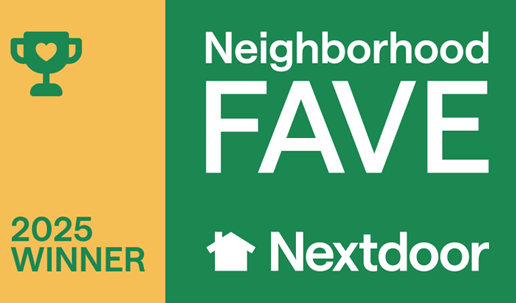 Neighborhood FAVE 2025 Winner badge from Nextdoor; green and gold, with a trophy icon and house silhouette.