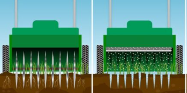 A green machine is being used to spread grass on a lawn. Comparison of two lawn aerators: one with solid tines, one with seed distribution.