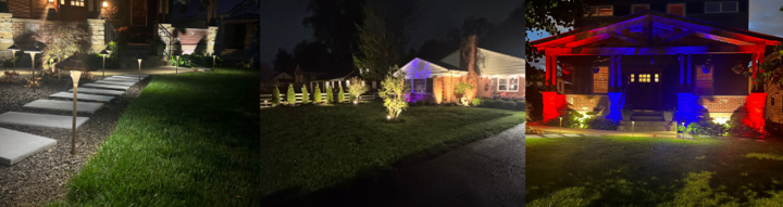 Three nighttime yard photos: lit walkway, white tents with warm lights, and a house glowing red and blue.