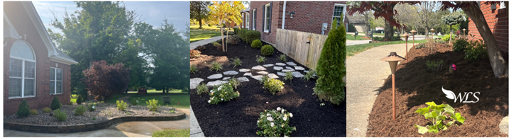 Landscaped yards with mulch, plants, stone path, and brick home in background. Landscaped yards with mulch, plants, stone path, and brick home in background.