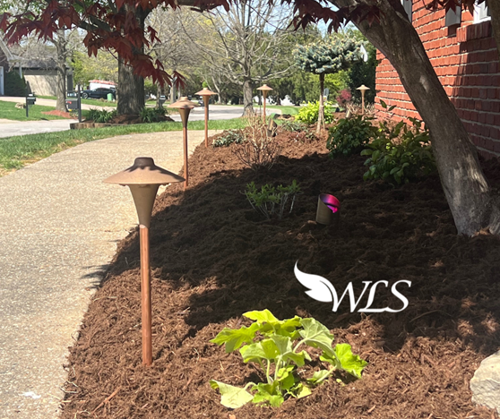 A landscaped yard with fresh mulch, garden lights, and a sidewalk next to a house.