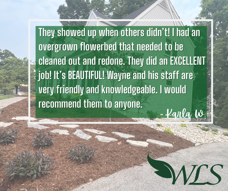 Customer testimonial about landscaping work, featuring text overlay and a photo of a landscaped flowerbed.