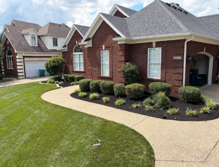 Mulched shrub beds and manicured lawn at a brick home, showcasing residential landscape services.