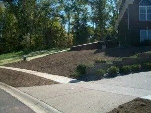 Residential front yard with sloped mulch beds, concrete walkway, and a brick house beside trees.