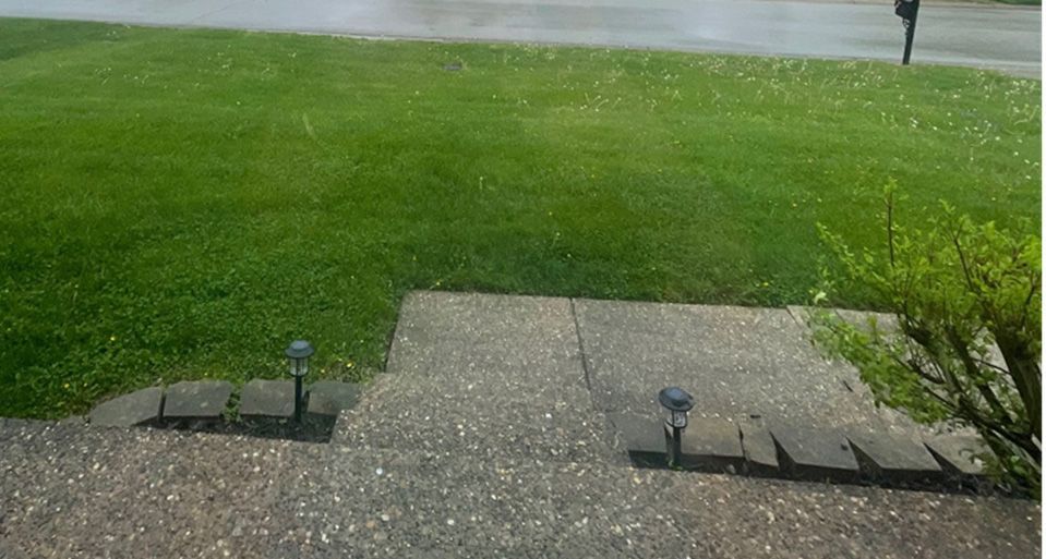 A green lawn and speckled concrete walkway lead to a house in the rain. Two small solar lights line the path.