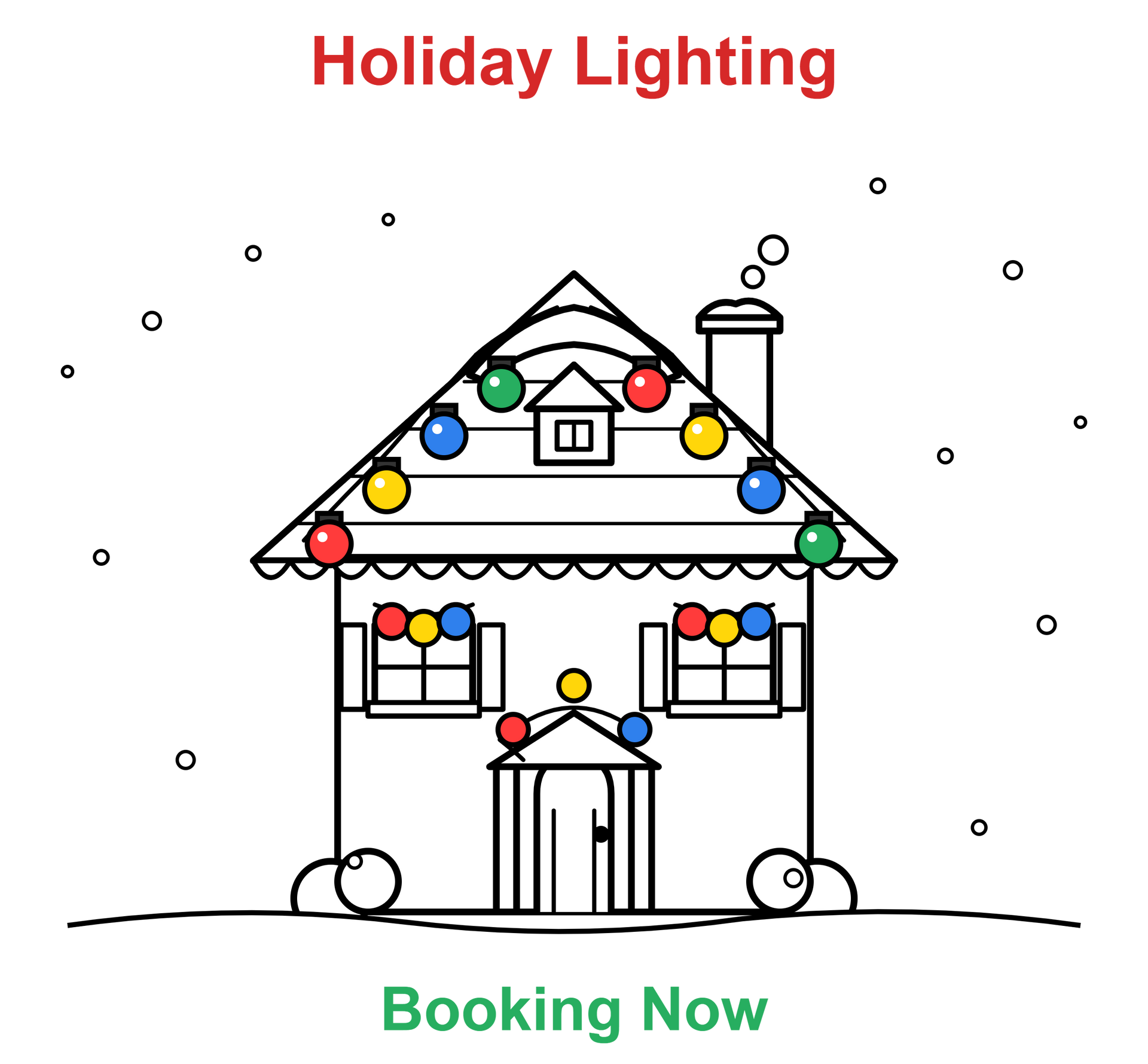 Eco-Friendly – Louisville, KY – Wayne's Lawn Service House decorated with colorful holiday lights, with “Holiday Lighting” and “Booking Now” text.