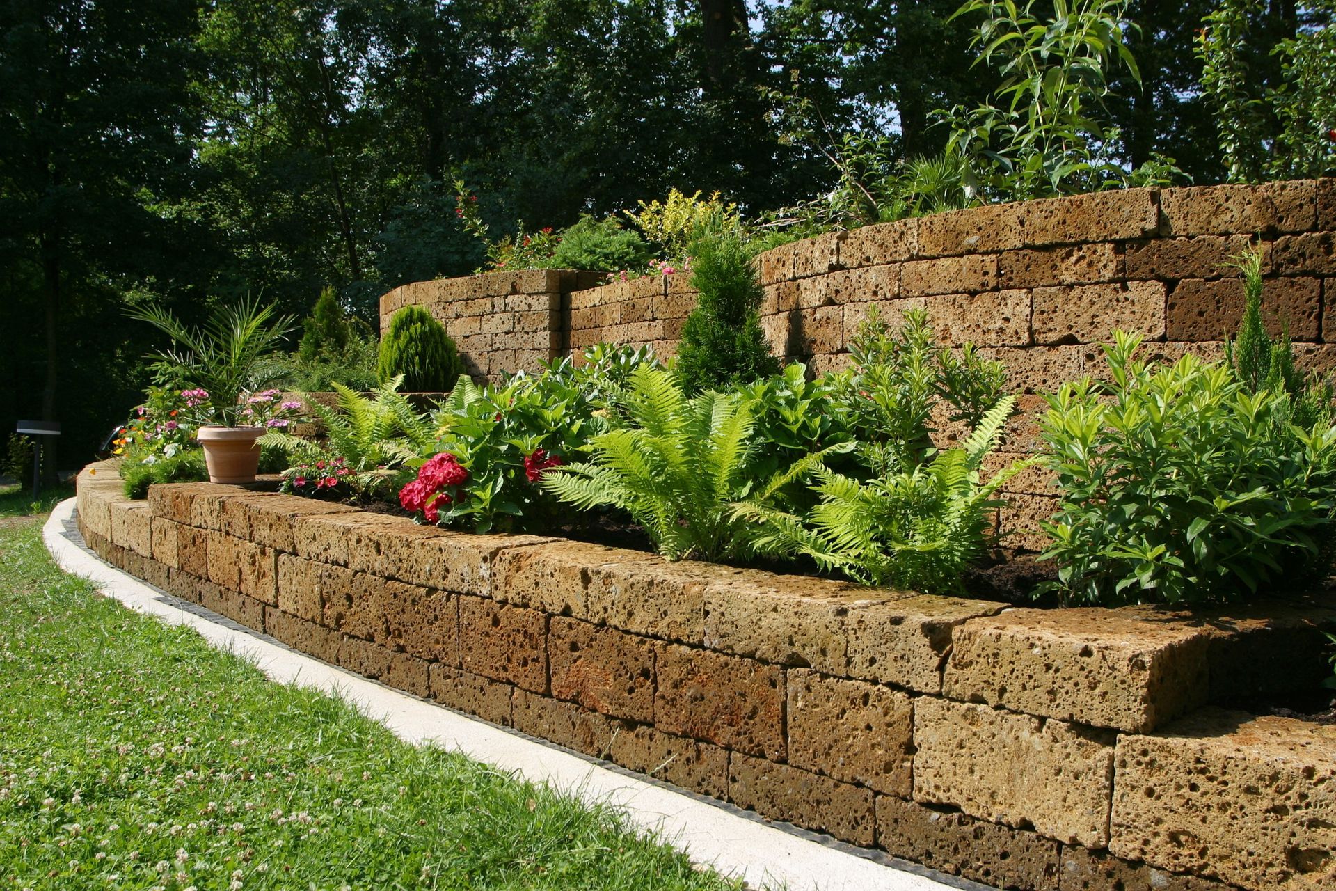 A stone wall with flowers and ferns growing on it