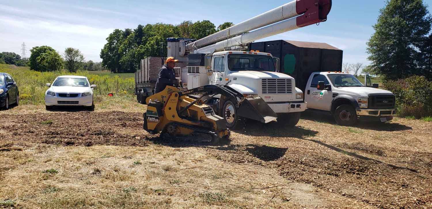 A group of trucks are parked in a dirt field.