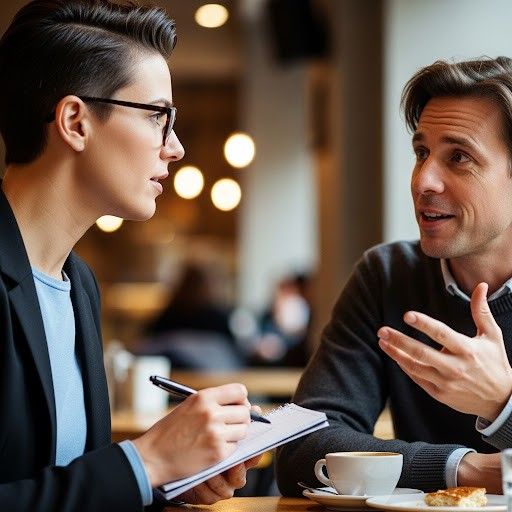 Mulher de óculos entrevista homem em café, tomando notas.