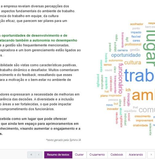 Nuvem de palavras sobre ambiente de trabalho, com textos como 
