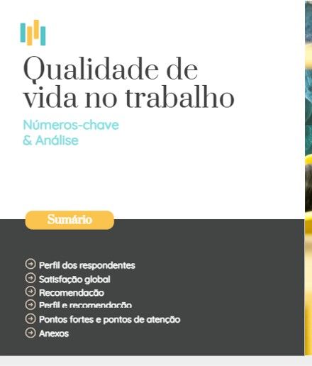Capa do relatório sobre qualidade de vida no trabalho, com título, números e análise, e índice.