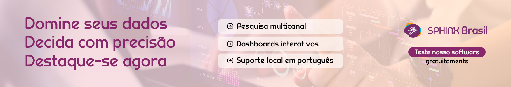 Cabeçalho do site: texto em roxo, caixas brancas e fundo rosa. Inclui botões e logotipo.