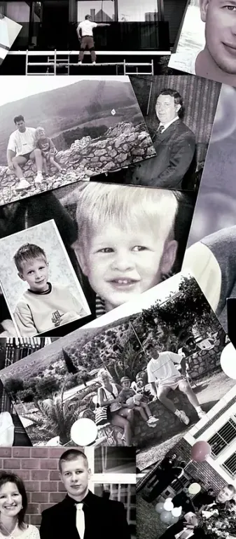 A collage of black and white photos of a man and a child