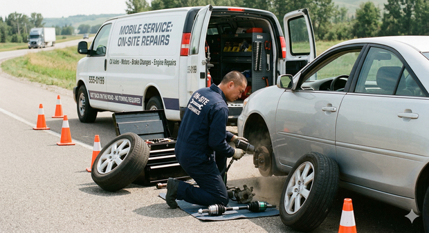 Car's front wheel and wiring exposed, tools on tire: wire strippers, crimper, connectors, for automotive repair.