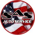Logo for SAS Auto Service, in front of a US flag.