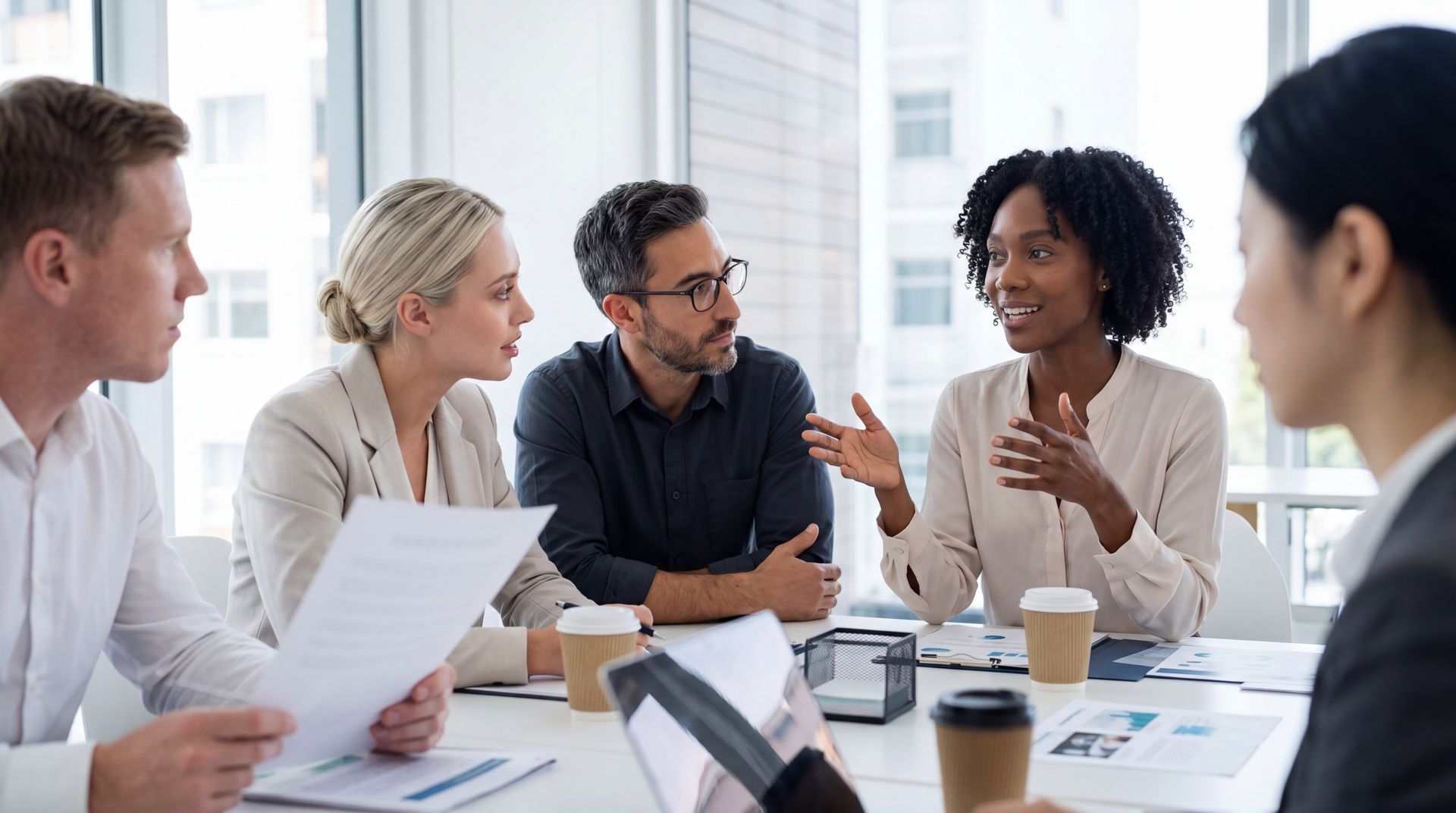 Team meeting in a bright office, with five people discussing papers and coffee cups around a table.