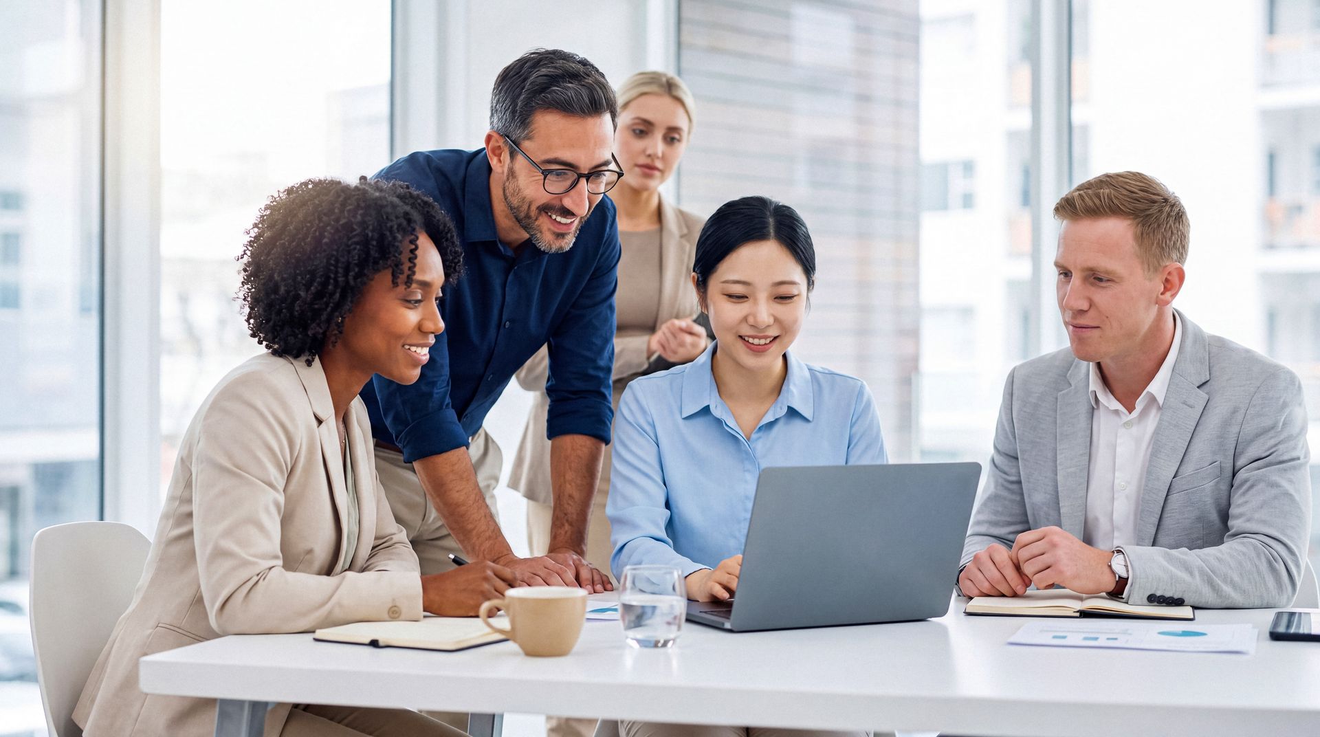 Colleagues gathered around a laptop in a bright office, discussing work and smiling.