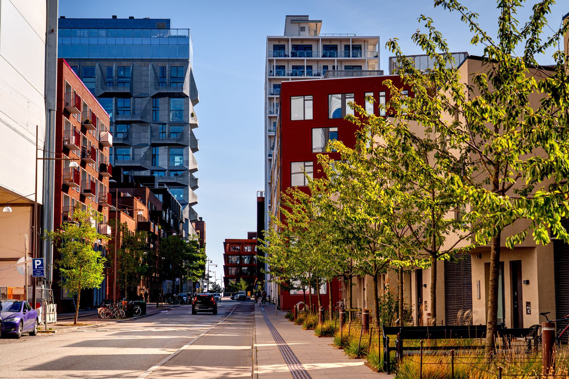 Quiet city street lined with modern apartment buildings and trees on a sunny day