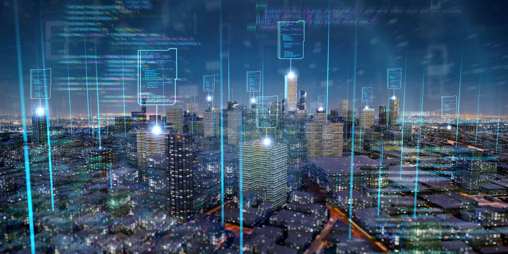 Cityscape at night with blue data streams overlayed, suggesting technology and connectivity.