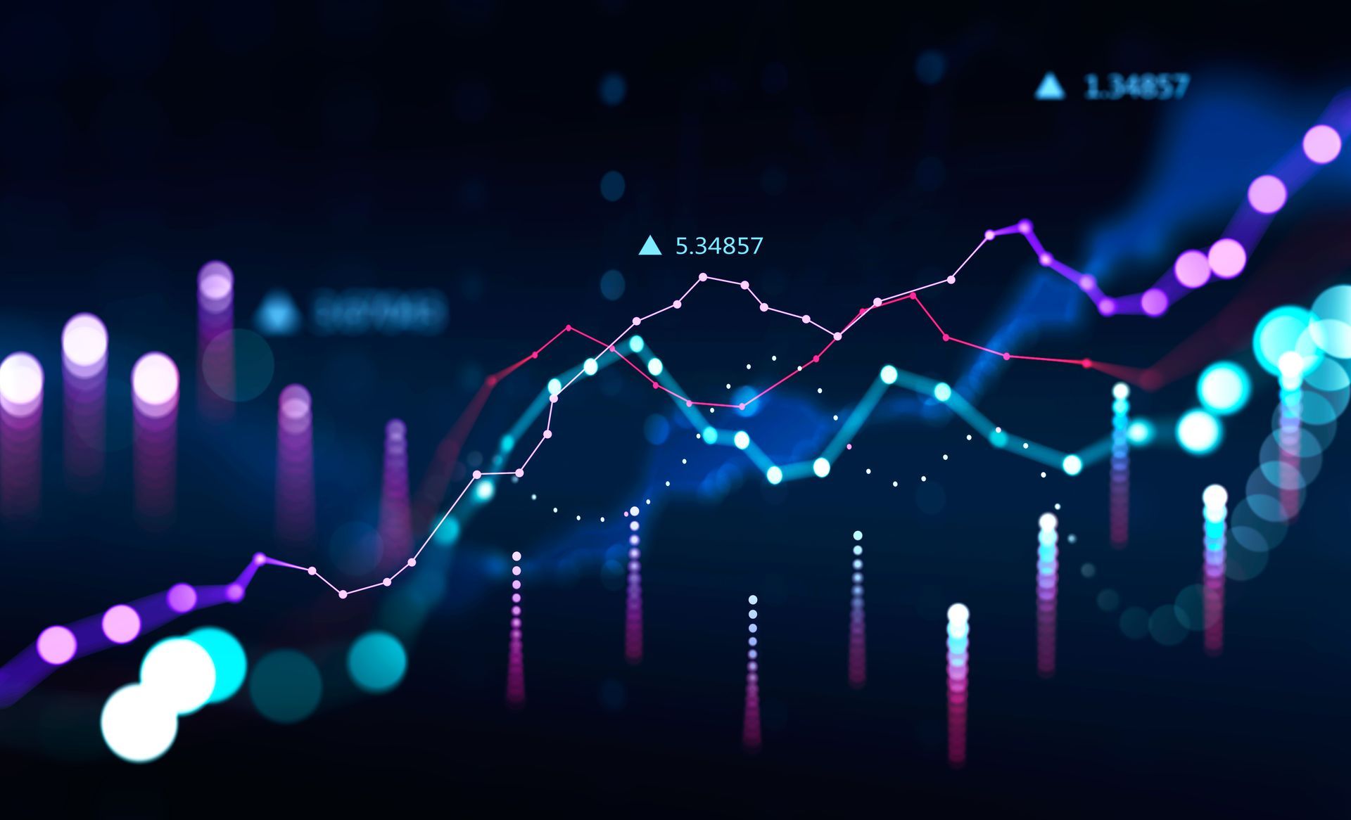 Abstract digital graph with colorful rising and falling lines, data points, and bokeh effects.