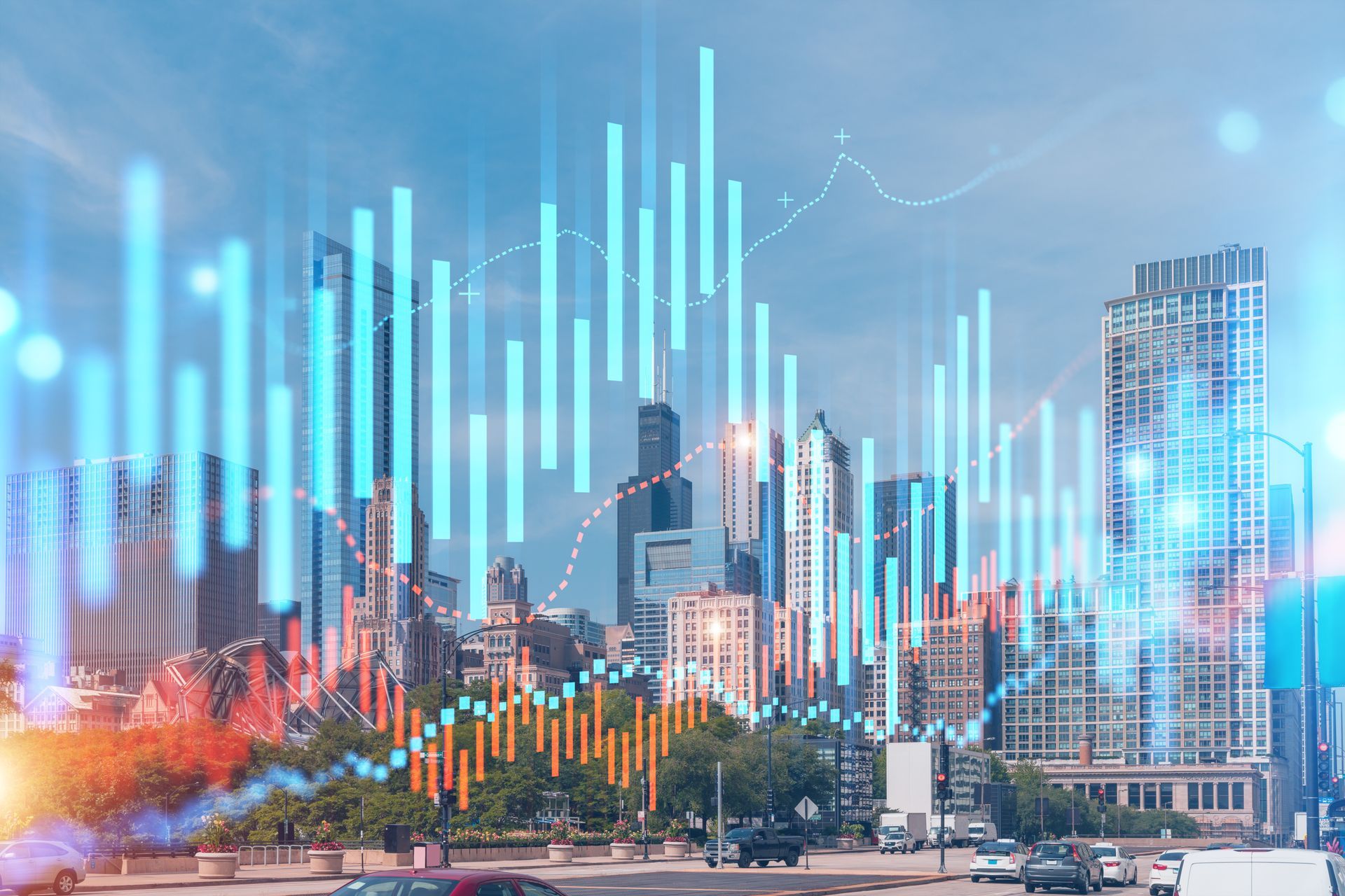 A city skyline with a graph in the foreground.