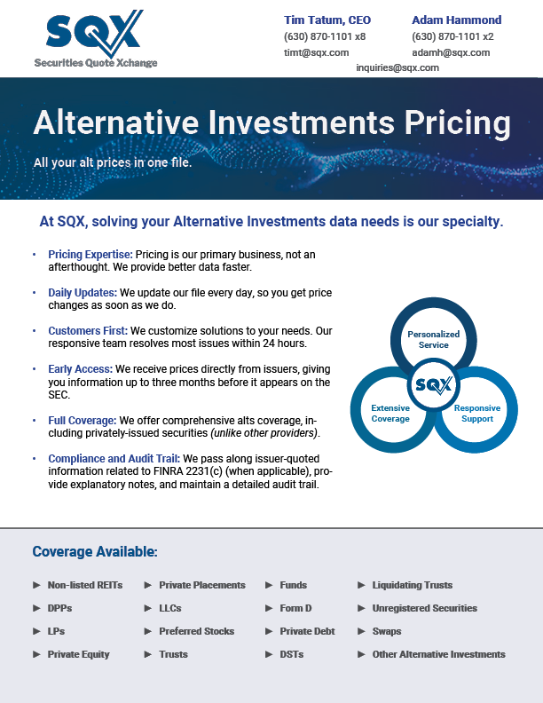 SQX Alternative Investments Pricing brochure. White background with blue accents. Lists coverage available.