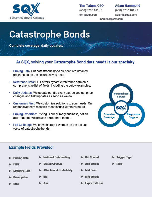 A promotional flyer for SQX offering data on Catastrophe Bonds, featuring detailed pricing data and customer service.