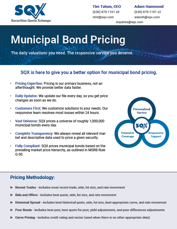 Flyer for Municipal Bond Pricing from SQX, features text on pricing methodology and services.