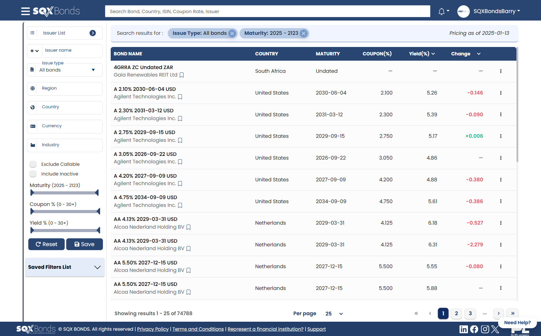 The homepage of SQX Bonds, showing a table of numbers on it.
