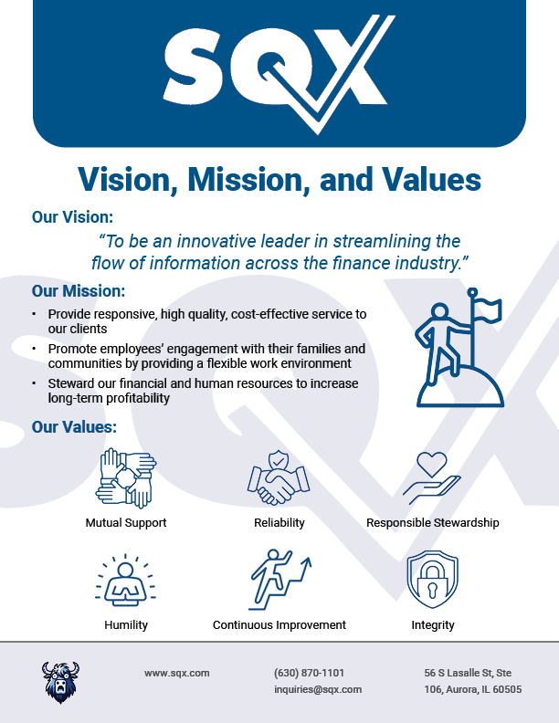 Poster of SQX with vision, mission, and values. Includes logo and mission/values statements.