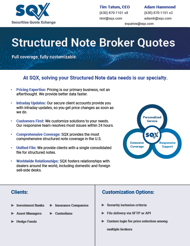 SQX flyer: Structured Note Broker Quotes with customizable features and worldwide coverage for financial services.