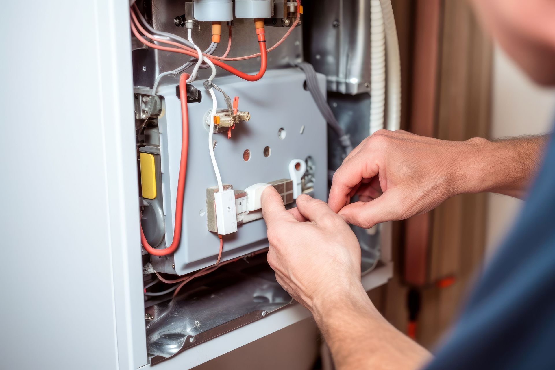 Close-up of a technician's hands conducting precision heating repairs on modern boiler components. Close-up of a technician's hands conducting precision heating repairs on modern boiler components.