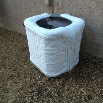 Frozen outdoor air conditioning unit covered in ice