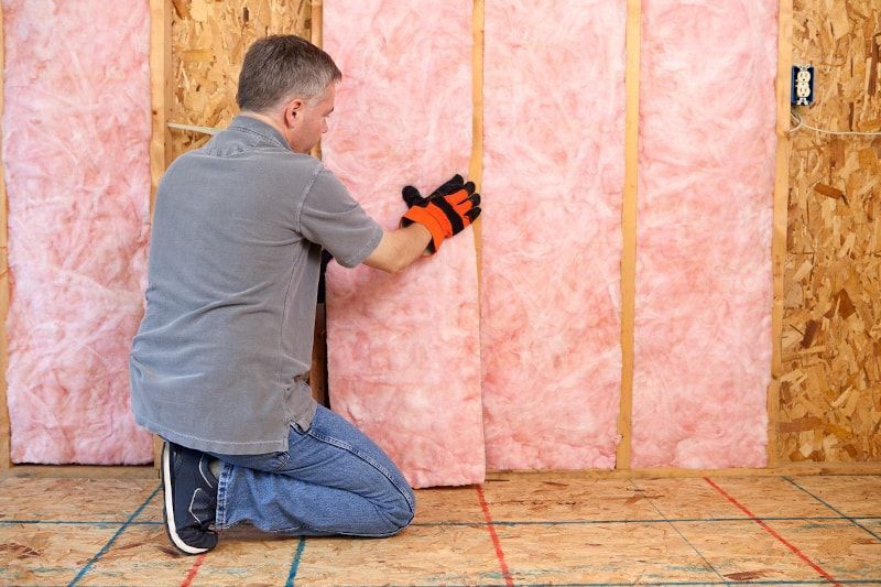 Man installing pink insulation in a wall Man installing pink insulation in a wall
