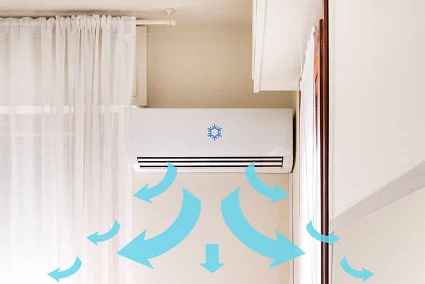 White air conditioner blowing cool air in a room White air conditioner blowing cool air in a room
