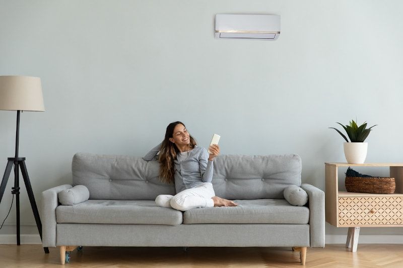 Woman on couch using remote, air conditioner above Woman on couch using remote, air conditioner above