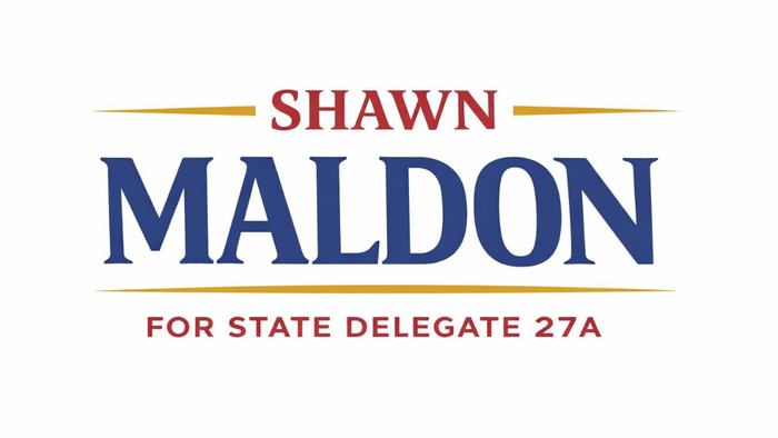 Shawn Maldon political campaign logo. Name in red, 