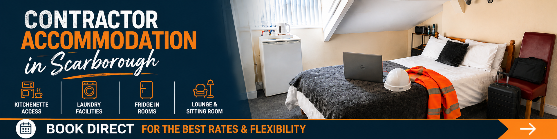 room for contractor showing laptop, hard hat, hi-viz jacket on a double bed with small suitcase and mens toiletries.