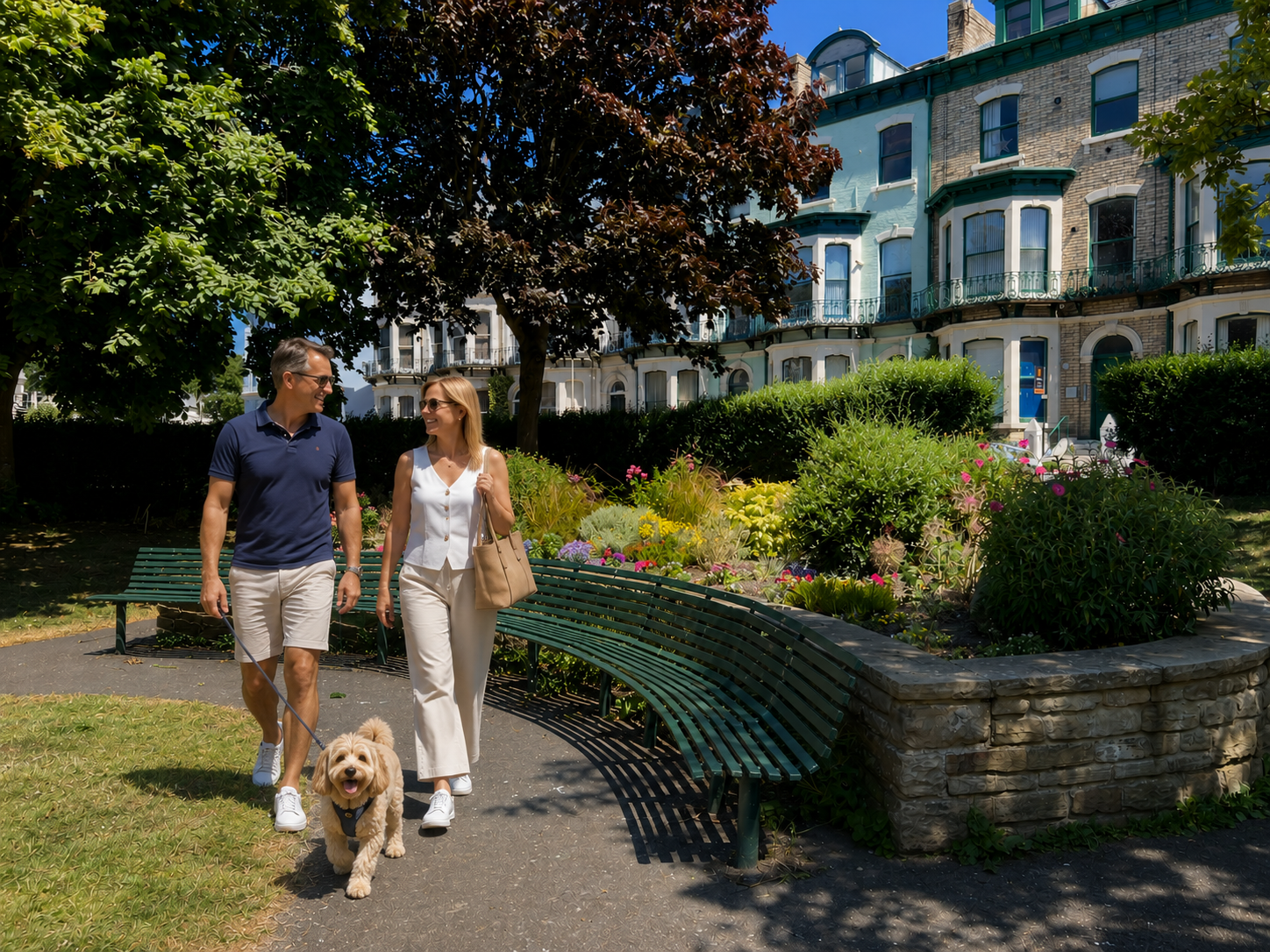 Couple walking their small dog through St Martin’s Square opposite Carlton House Guesthouse.