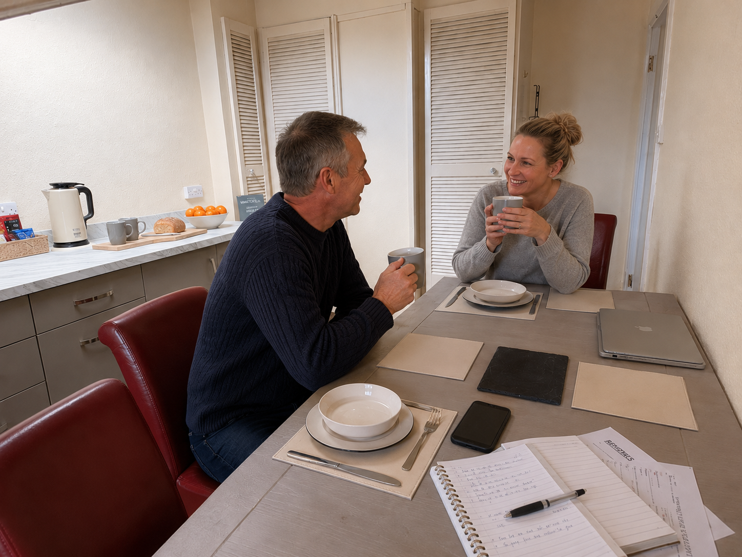 Couple chatting over mugs of tea at the kitchenette table at Carlton House Guesthouse.