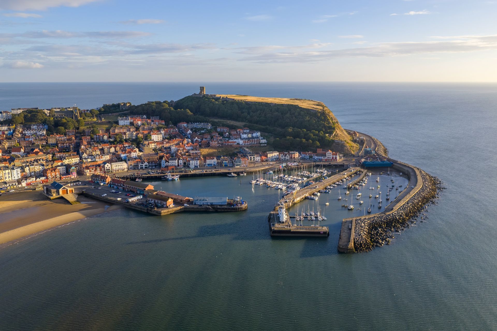 scarborough harbour and castle aerial view